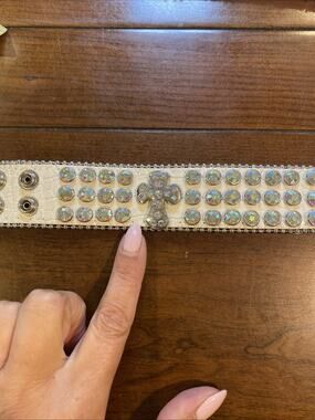 White Leather Wide Cuff Bracelet Iridescent Rhinestone Cross Cowgirl Bling Y2K
